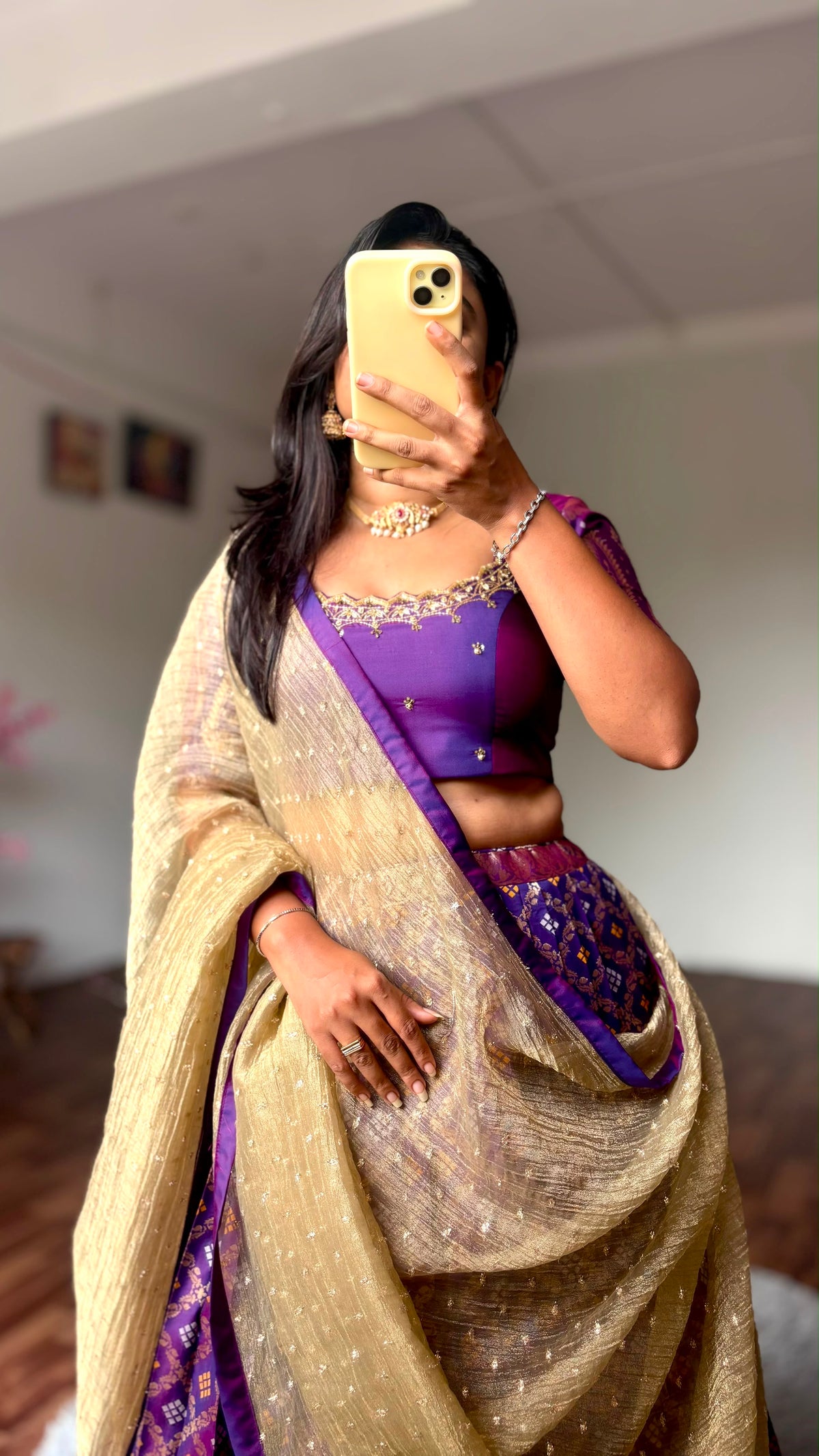 HANSIKA - GOLD PURPLE HALF SAREE