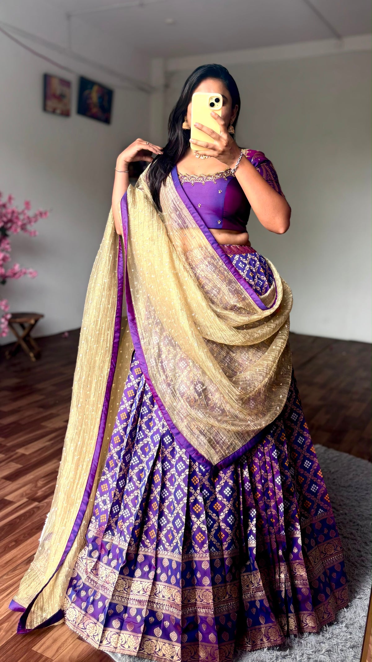 HANSIKA - GOLD PURPLE HALF SAREE