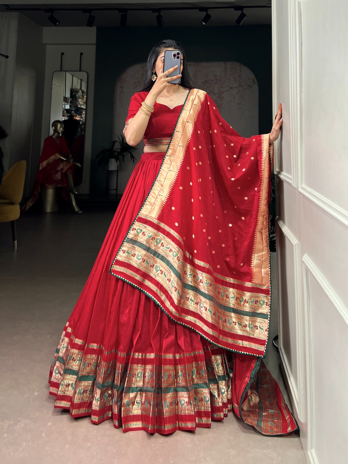 SHRAVANI - Chanderi Paithani Semistitched Lehenga Set !