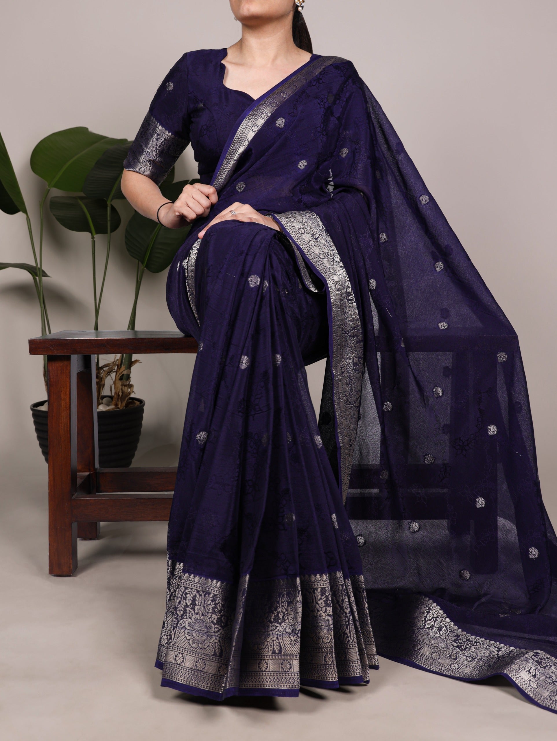 Chinon saree with zari weaving work