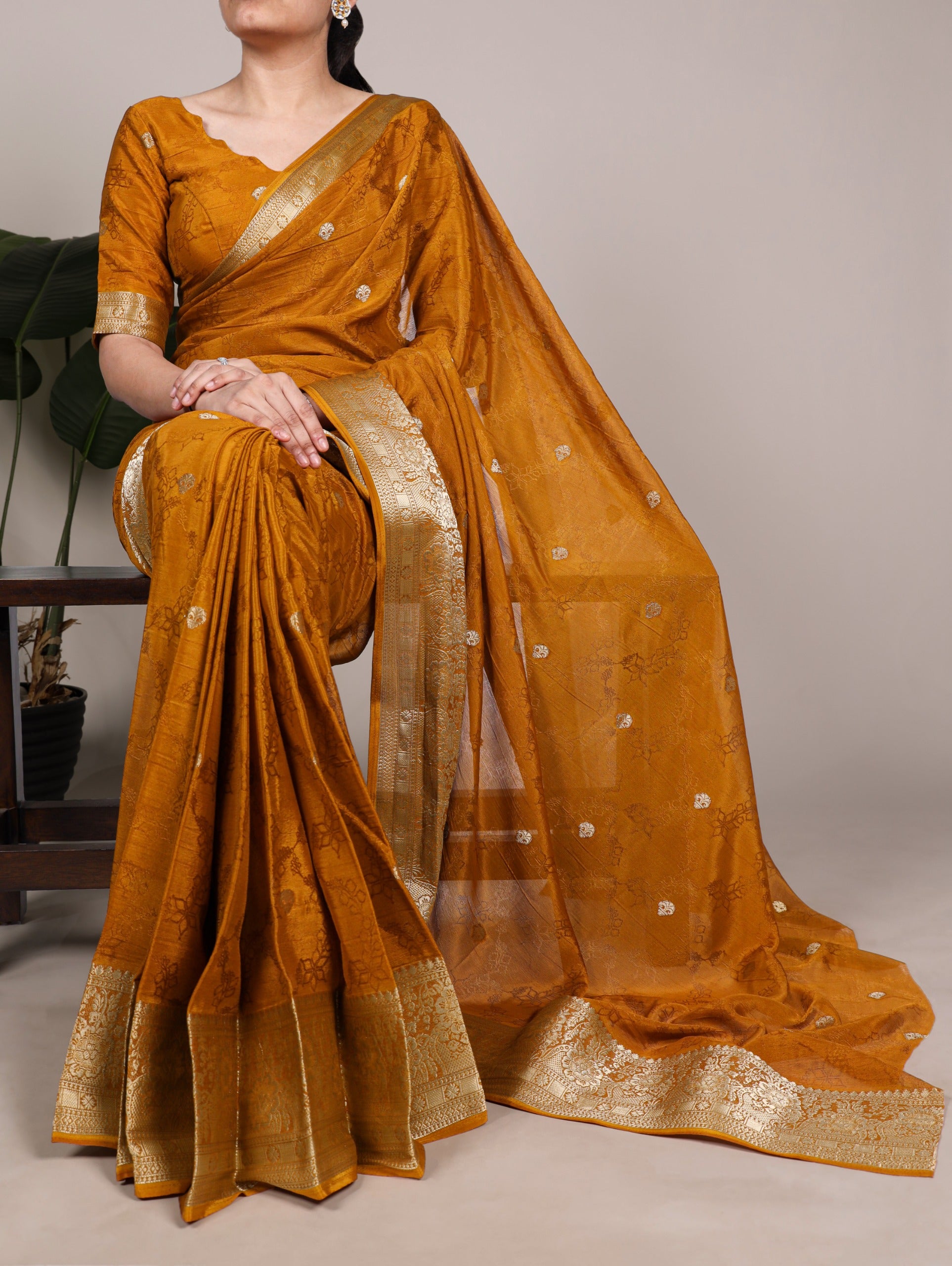 Chinon saree with zari weaving work