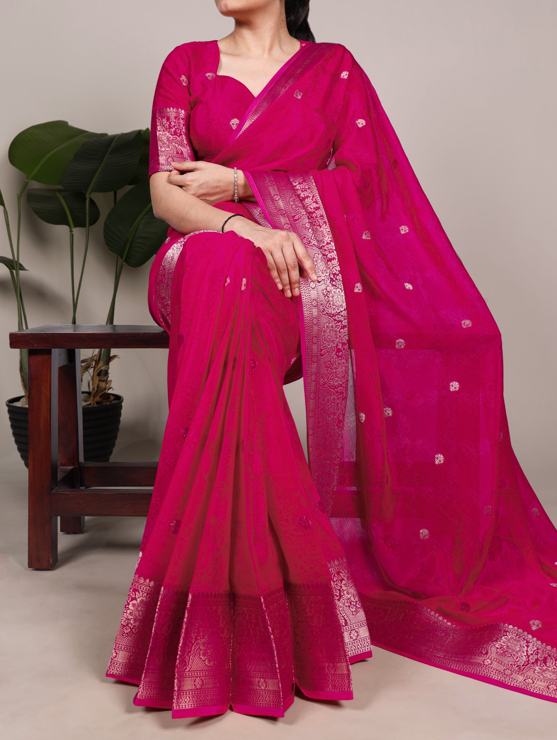 Chinon saree with zari weaving work