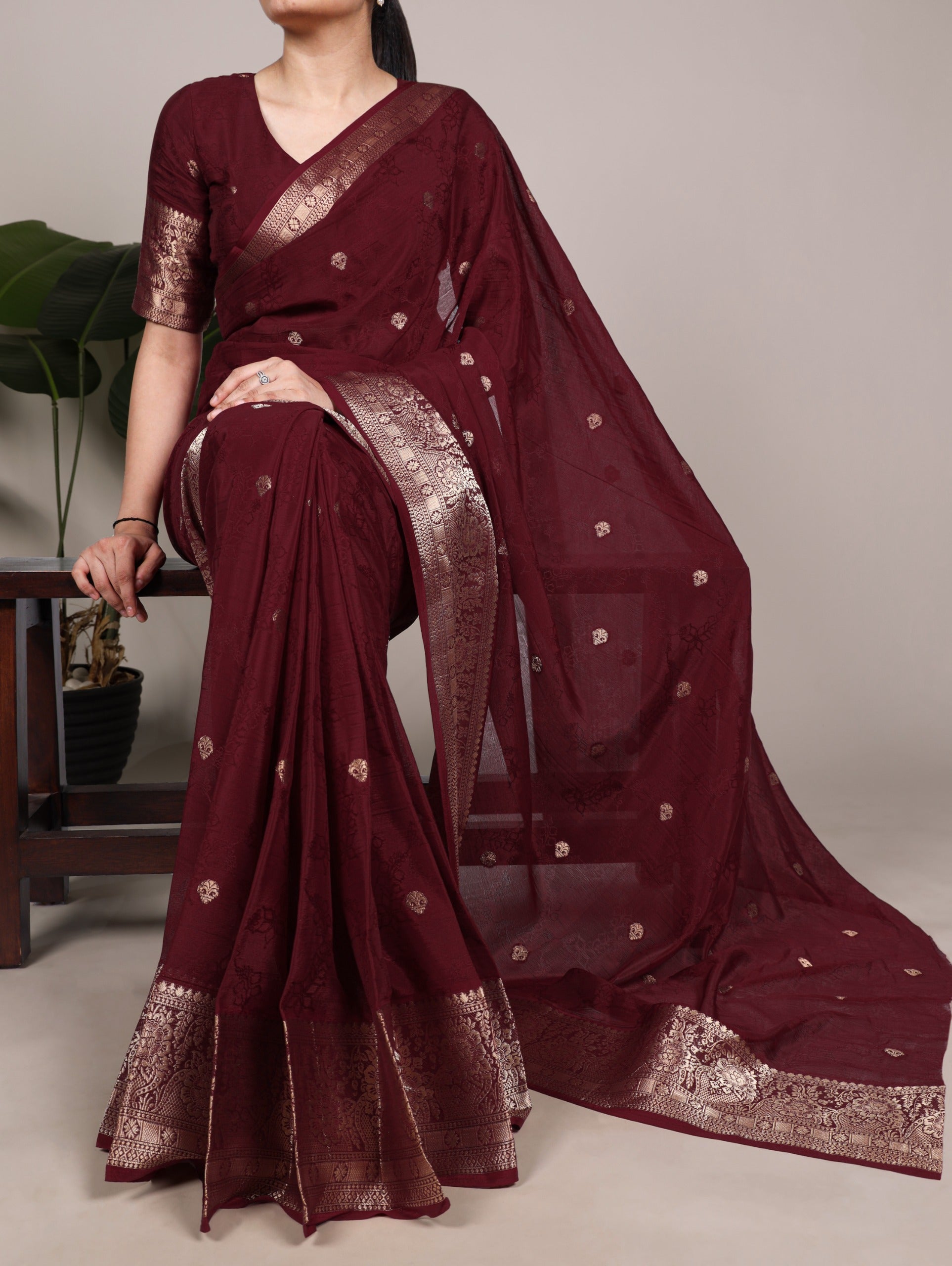 Chinon saree with zari weaving work
